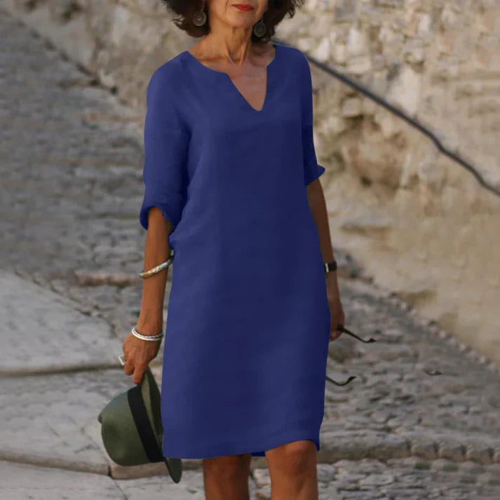 Damen Sommerkleid mit V-Ausschnitt aus Leinen Jully