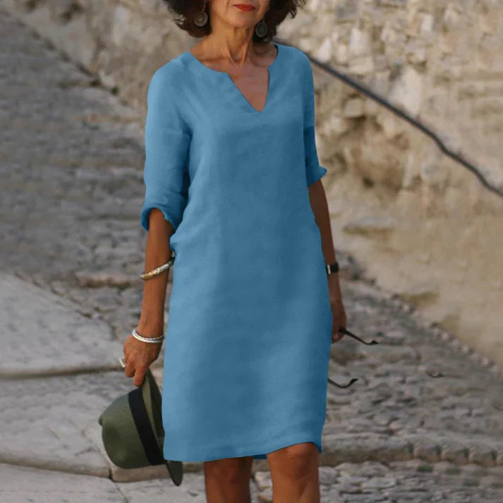 Damen Sommerkleid mit V-Ausschnitt aus Leinen Jully