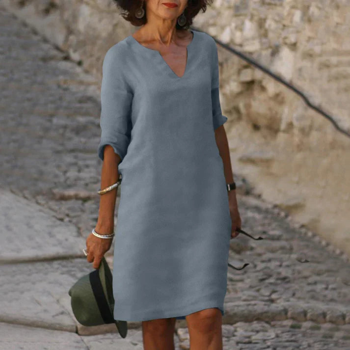 Damen Sommerkleid mit V-Ausschnitt aus Leinen Jully