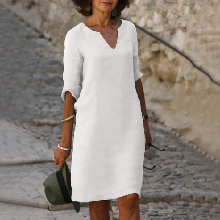 Damen Sommerkleid mit V-Ausschnitt aus Leinen Jully