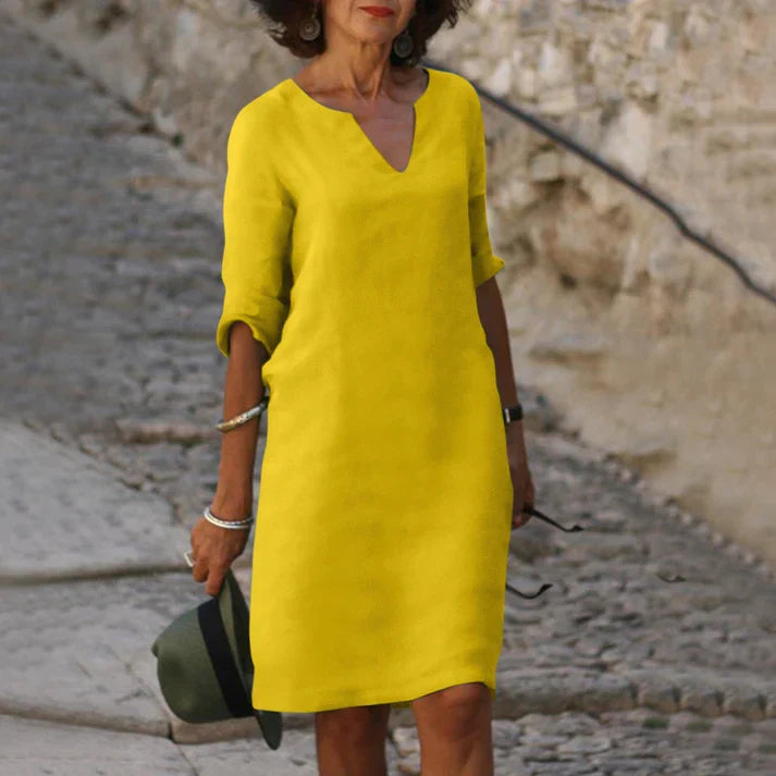 Damen Sommerkleid mit V-Ausschnitt aus Leinen Jully