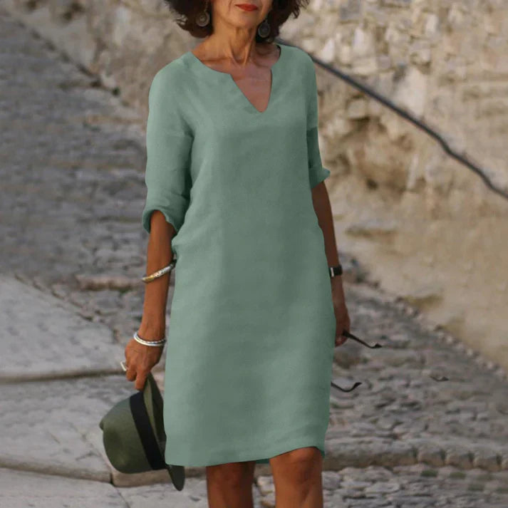 Damen Sommerkleid mit V-Ausschnitt aus Leinen Jully