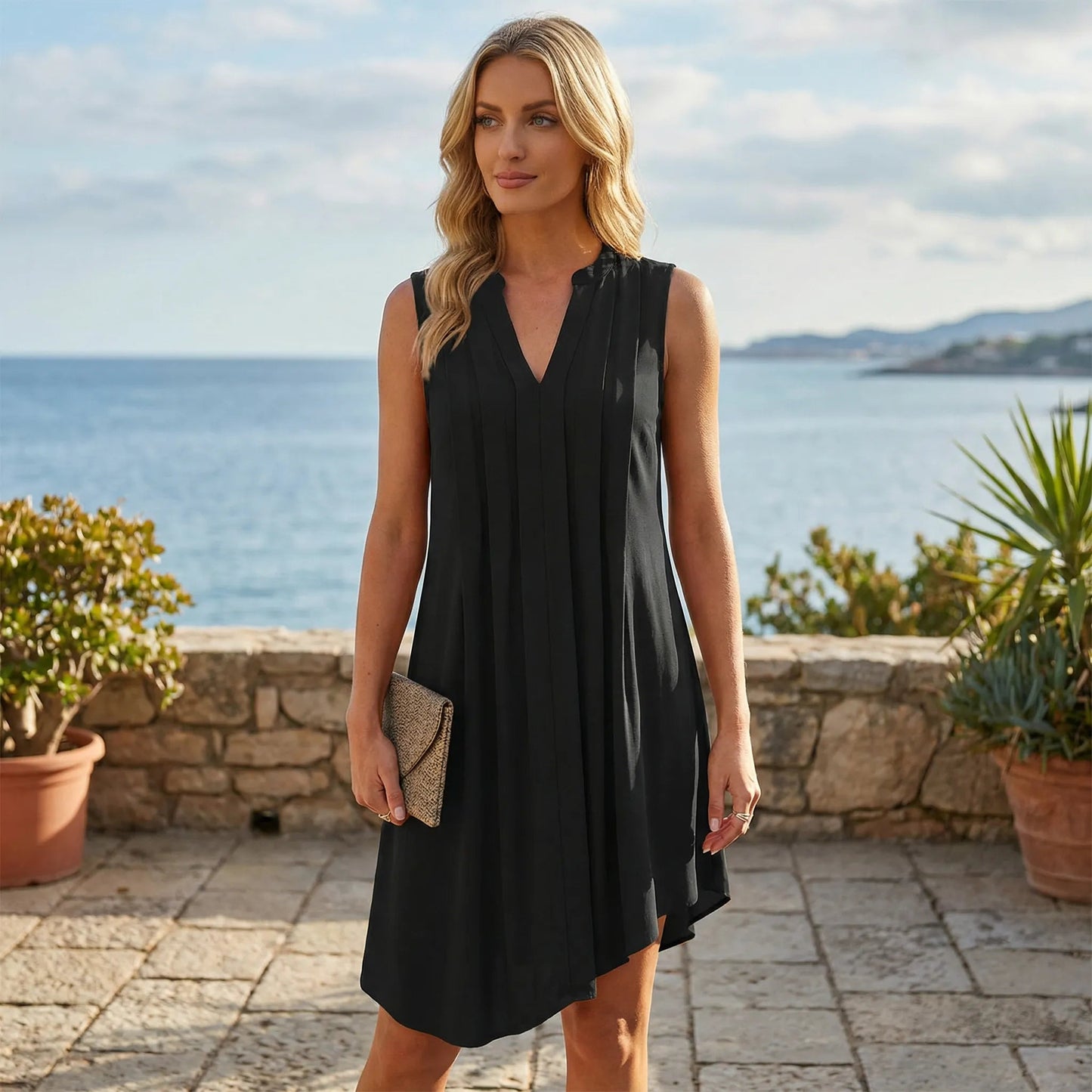 Damen Sommerkleid mit V-Ausschnitt aus leichtem Stoff Jully