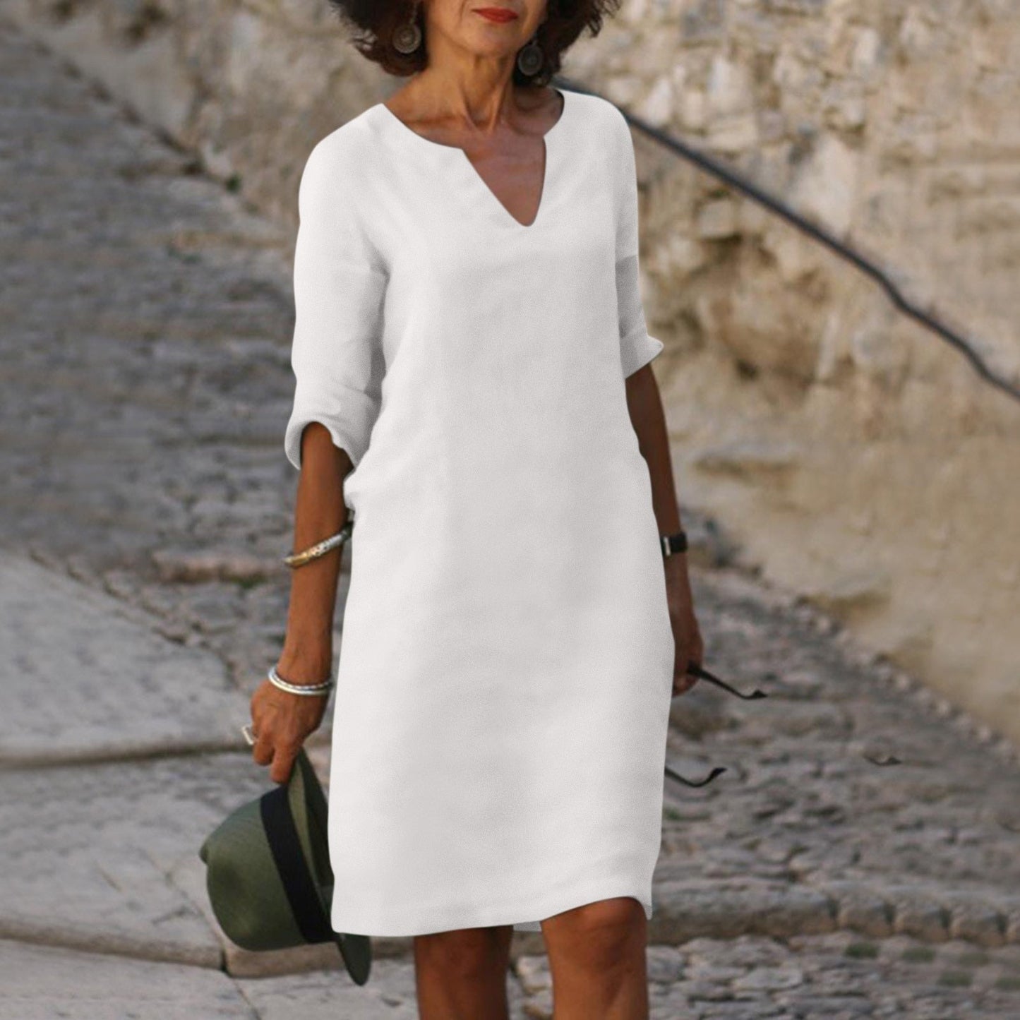 Damen Sommerkleid mit V-Ausschnitt und drei Viertel Ärmeln Jully