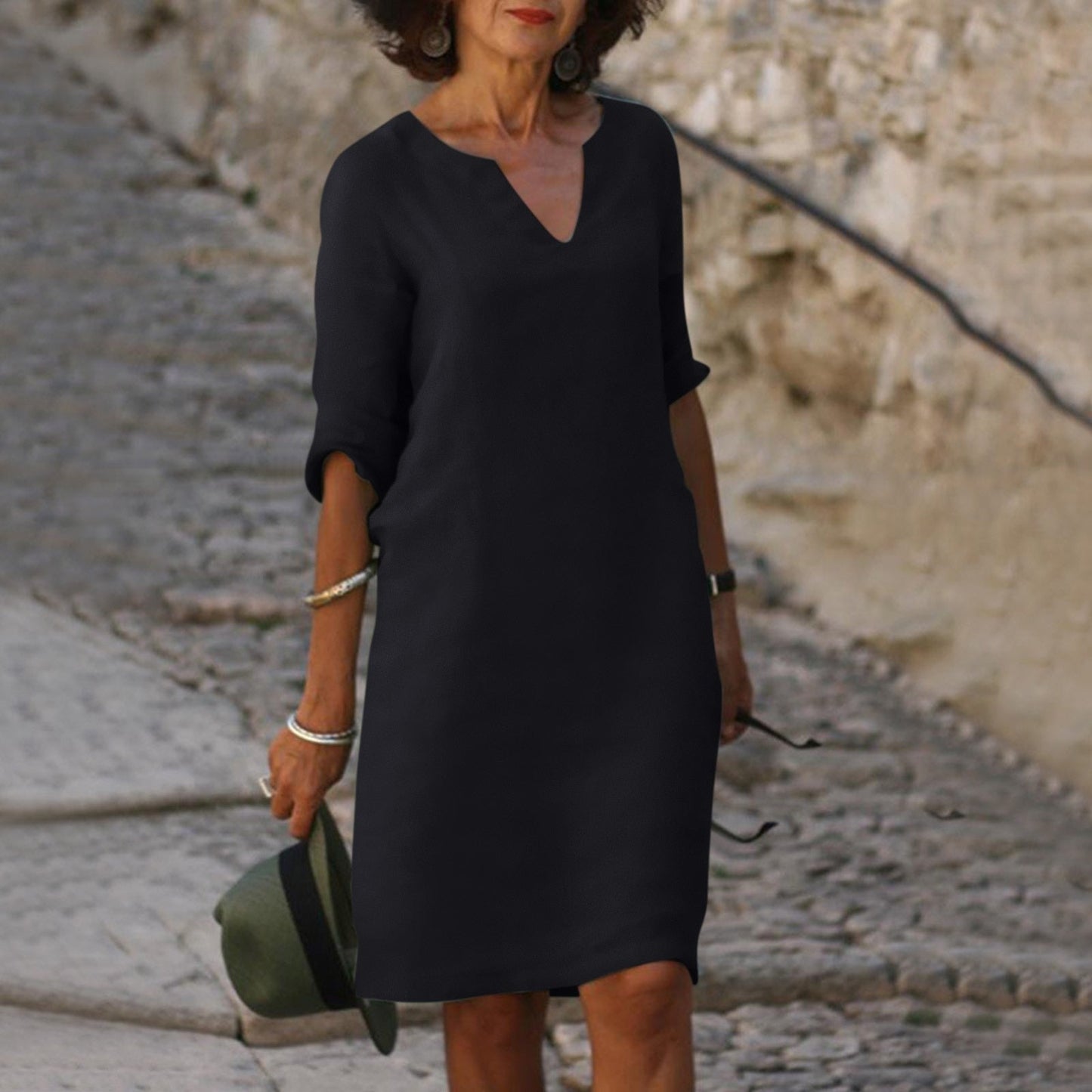 Damen Sommerkleid mit V-Ausschnitt und drei Viertel Ärmeln Jully