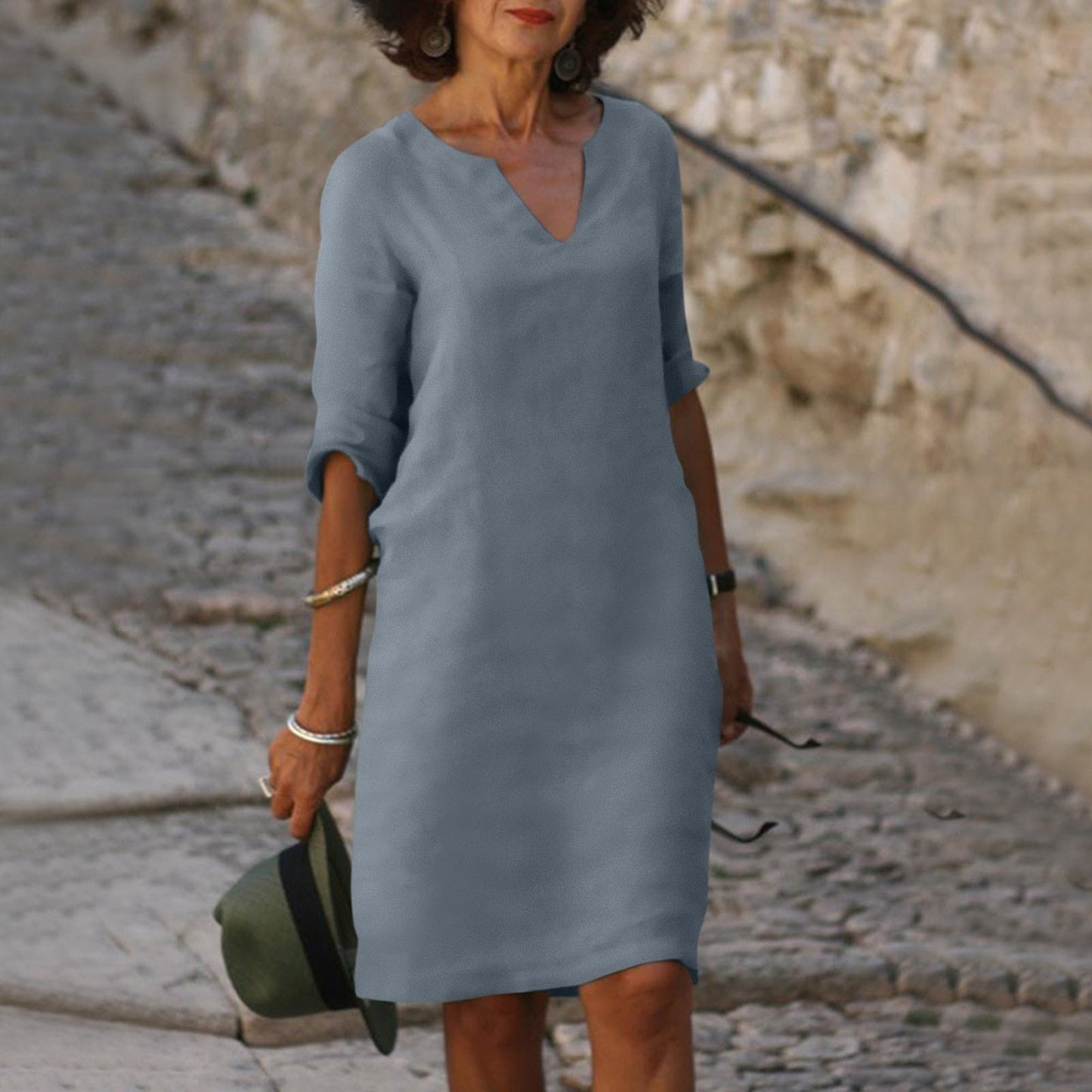 Damen Sommerkleid mit V-Ausschnitt und drei Viertel Ärmeln Jully