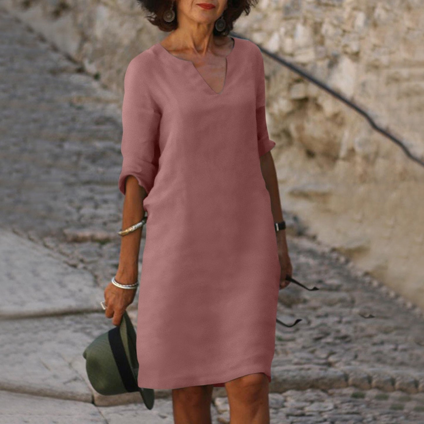 Damen Sommerkleid mit V-Ausschnitt und drei Viertel Ärmeln Jully