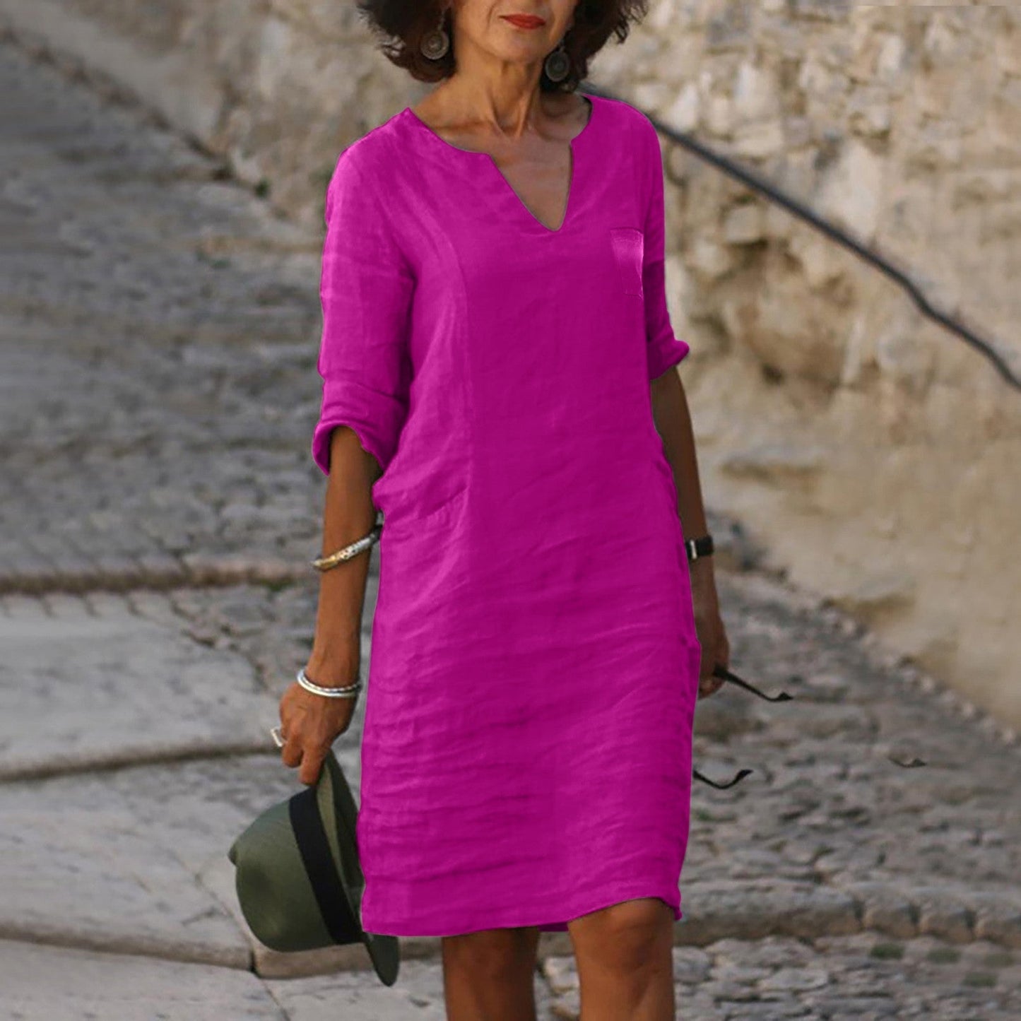 Damen Sommerkleid mit V-Ausschnitt und drei Viertel Ärmeln Jully
