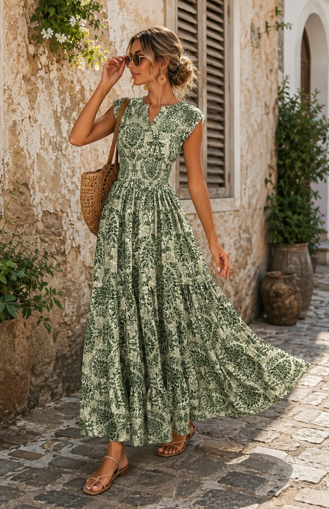 Damen Sommermaxikleid mit V-Ausschnitt und Plisseedetails Jully