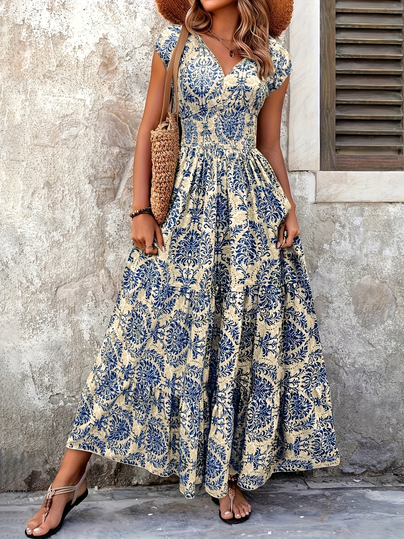 Damen Sommermaxikleid mit V-Ausschnitt und Plisseedetails Jully