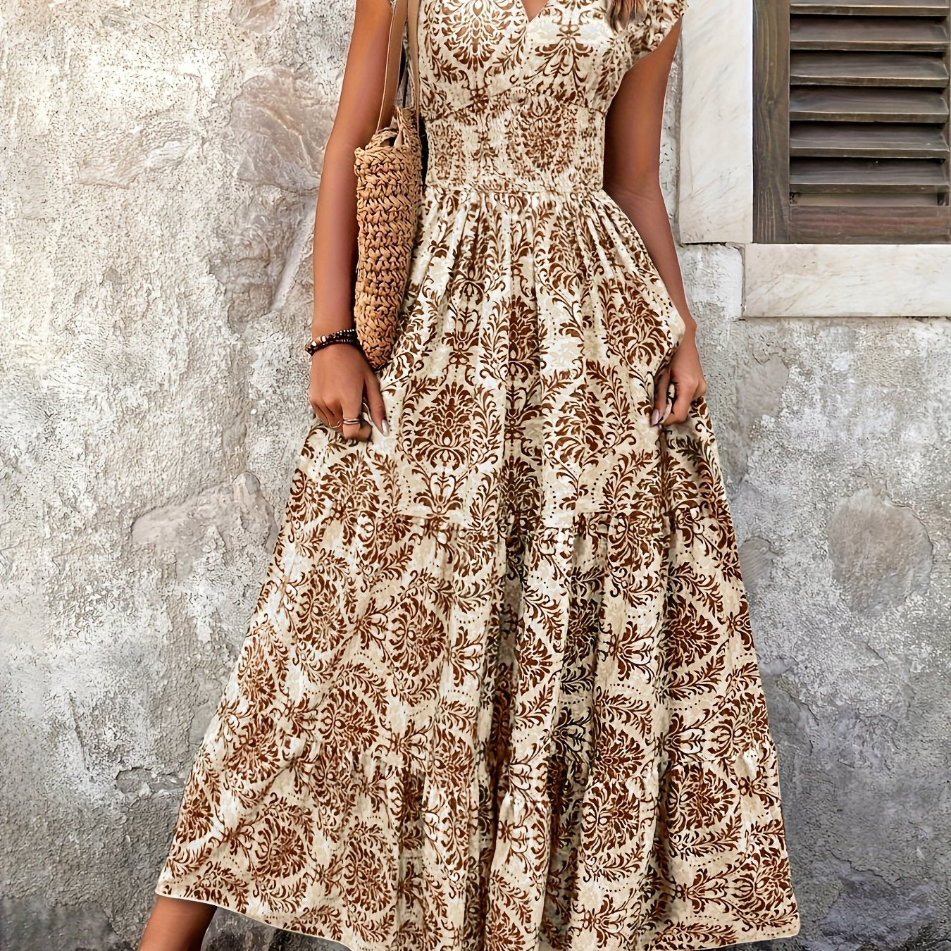 Damen Sommermaxikleid mit V-Ausschnitt und Plisseedetails Jully