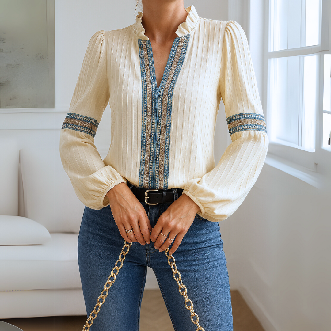 Damen Spitzenbluse mit V-Ausschnitt und Rüschen Jully