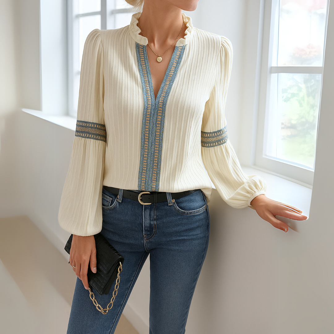 Damen Spitzenbluse mit V-Ausschnitt und Rüschen Jully