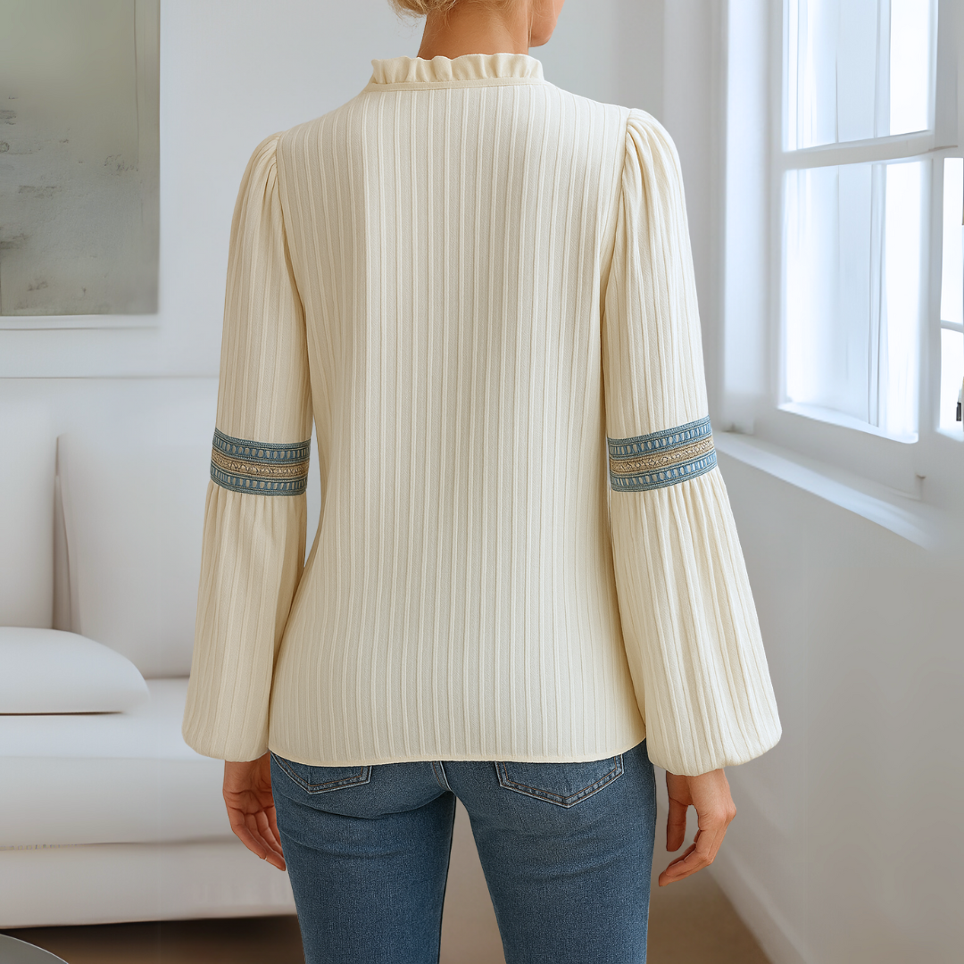 Damen Spitzenbluse mit V-Ausschnitt und Rüschen Jully