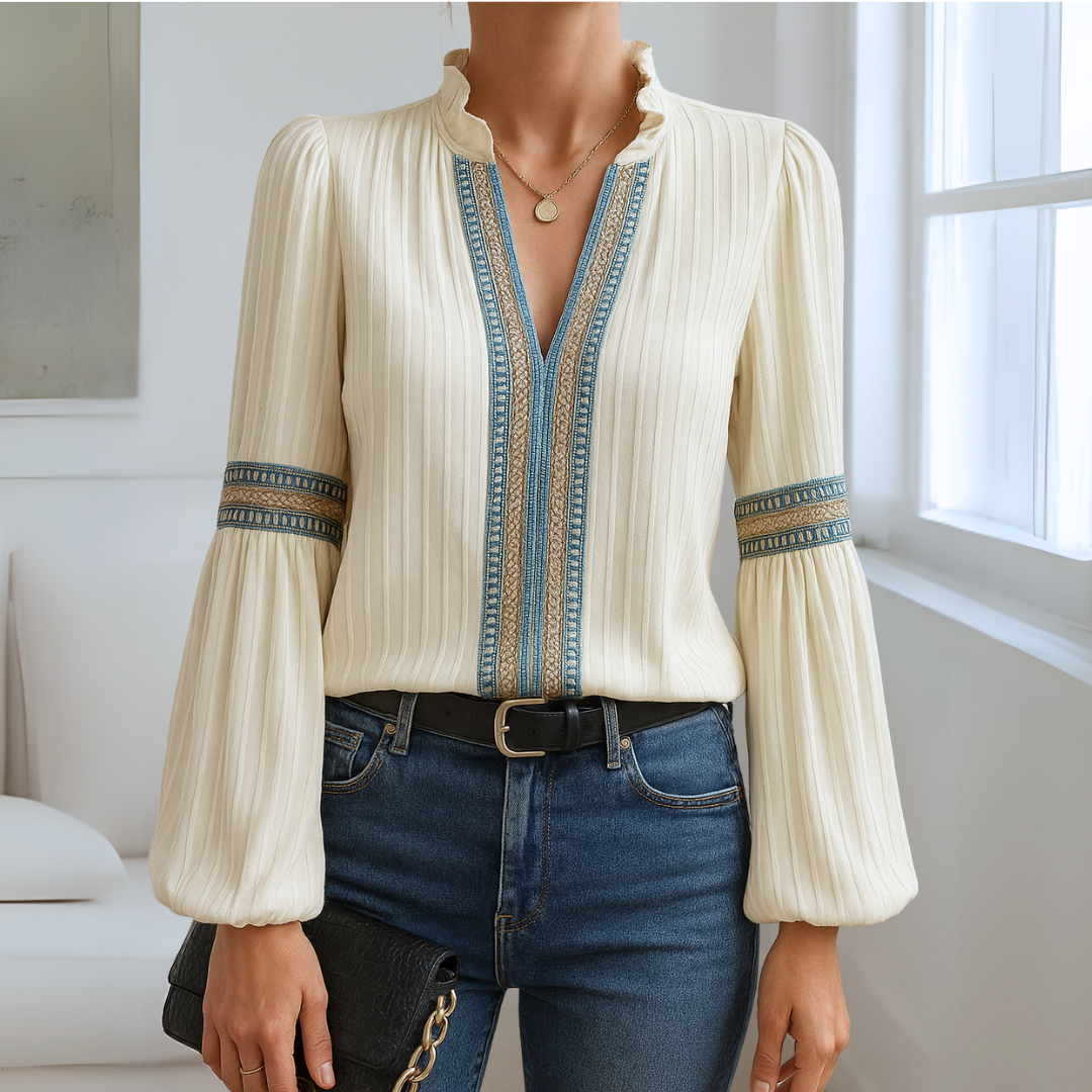 Damen Spitzenbluse mit V-Ausschnitt und Rüschen Jully
