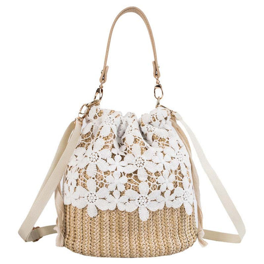 Damen Strohtasche mit Eleganter Spitze Jully