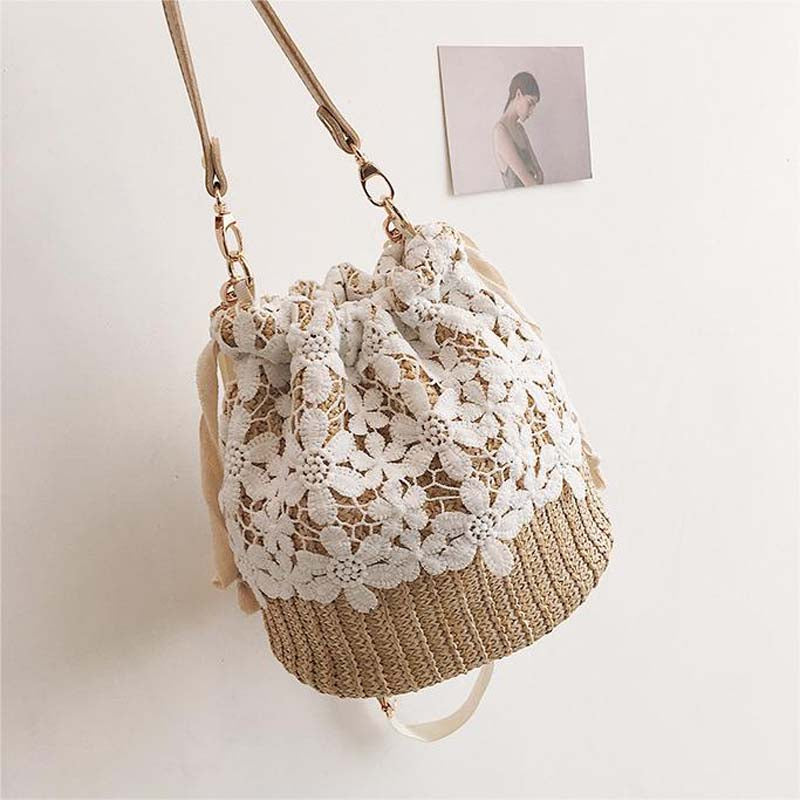 Damen Strohtasche mit Eleganter Spitze Jully