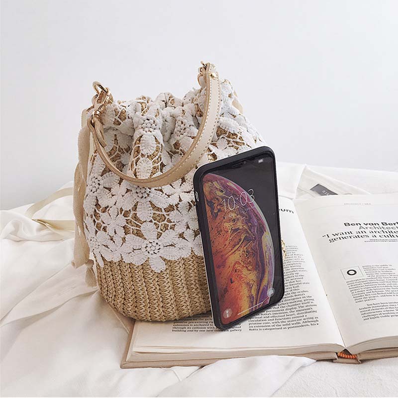 Damen Strohtasche mit Eleganter Spitze Jully