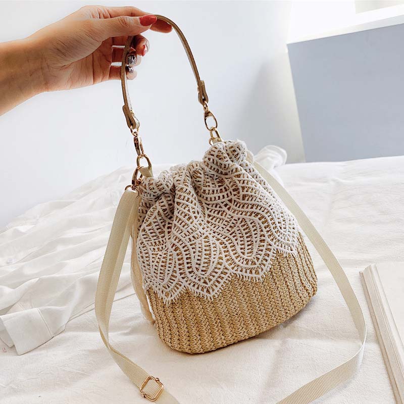 Damen Strohtasche mit Eleganter Spitze Jully