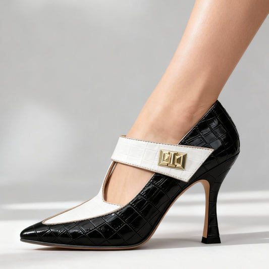 Damen T-Riemen-Absätze mit Krokoprägung und Stiletto Jully