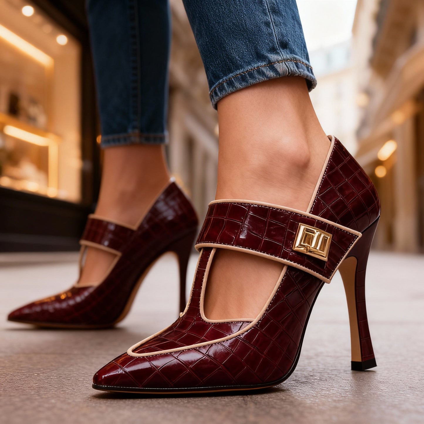 Damen T-Riemen-Absätze mit Krokoprägung und Stiletto Jully