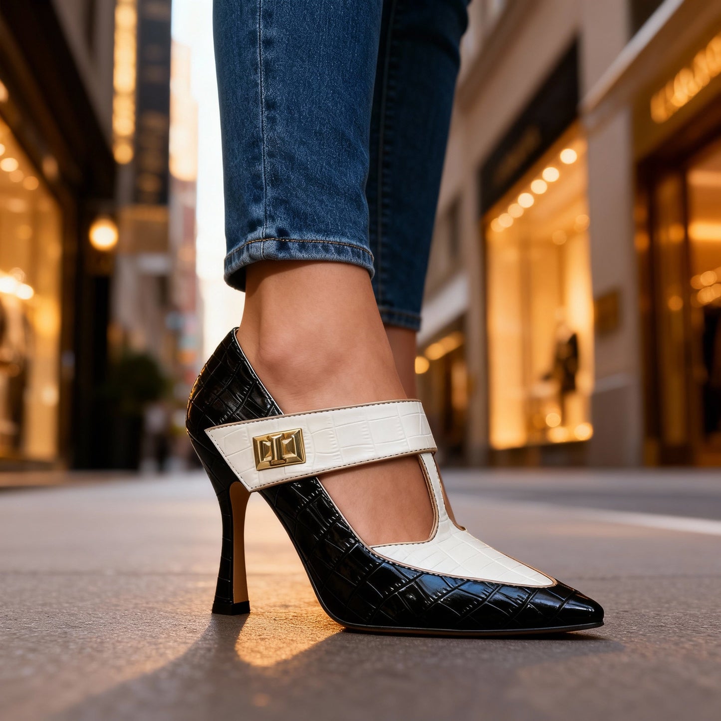 Damen T-Riemen-Absätze mit Krokoprägung und Stiletto Jully