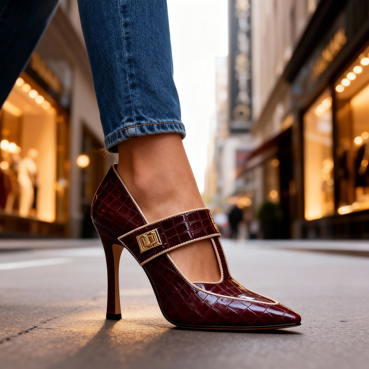Damen T-Riemen-Absätze mit Krokoprägung und Stiletto Jully