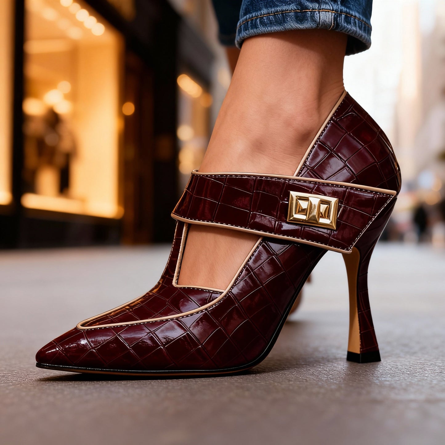 Damen T-Riemen-Absätze mit Krokoprägung und Stiletto Jully