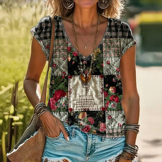 Damen T-Shirt mit Blumendruck und V-Ausschnitt Jully