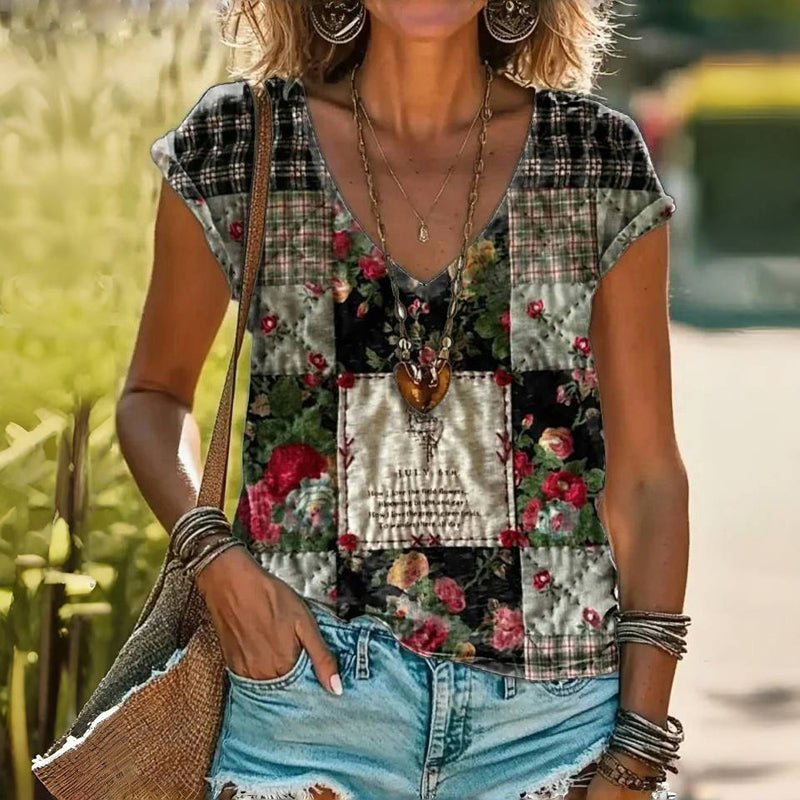 Damen T-Shirt mit Blumendruck und V-Ausschnitt Jully
