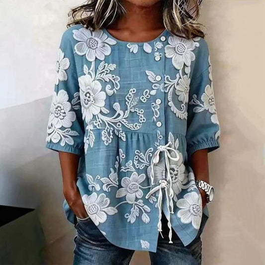 Damen Vintage-Bluse mit Blumenmuster und Schnürung Jully