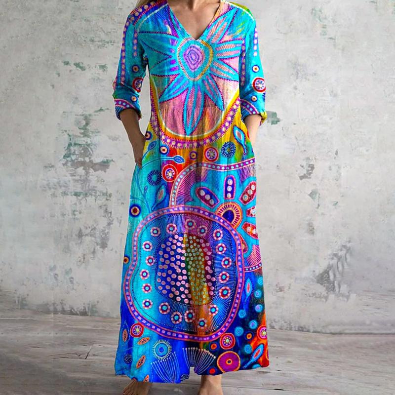 Damen Vintage-Kleid mit Abstraktem Druck und V-Ausschnitt Jully
