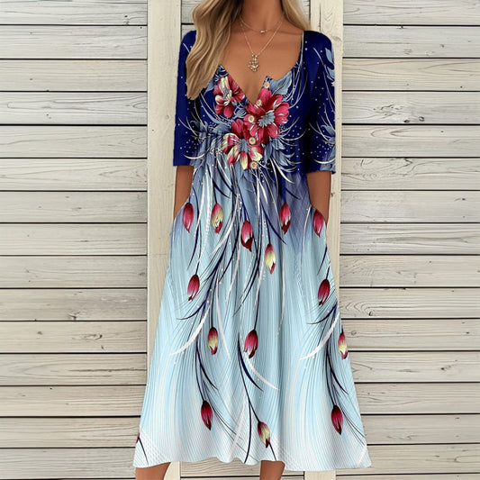 Damen Vintage-Kleid mit Blumendruck und V-Ausschnitt Jully