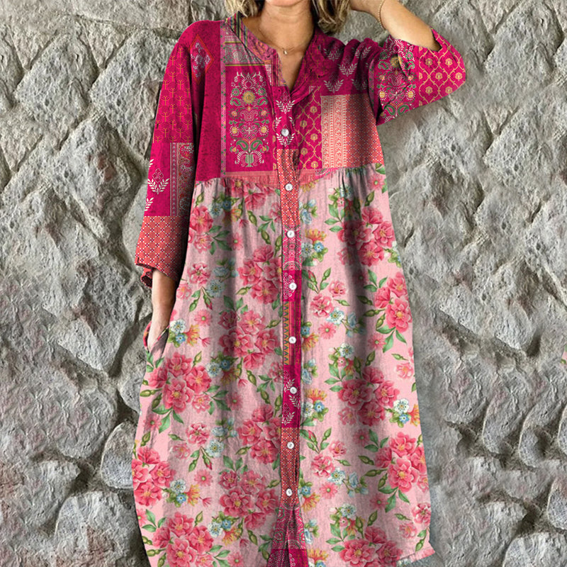 Damen Vintage-Kleid mit Blumendruck und V-Ausschnitt Jully