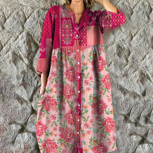 Damen Vintage-Kleid mit Blumendruck und V-Ausschnitt Jully