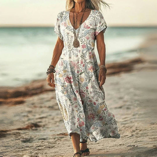 Damen Vintage-Kleid mit Blumendruck und V-Ausschnitt Jully