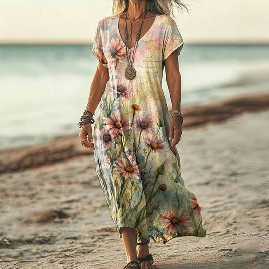 Damen Vintage-Kleid mit Blumendruck und V-Ausschnitt Jully