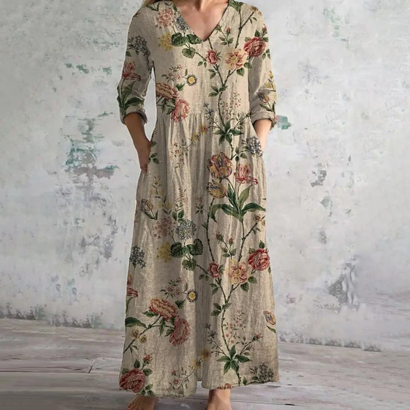 Damen Vintage-Kleid mit Blumendruck und V-Ausschnitt Jully