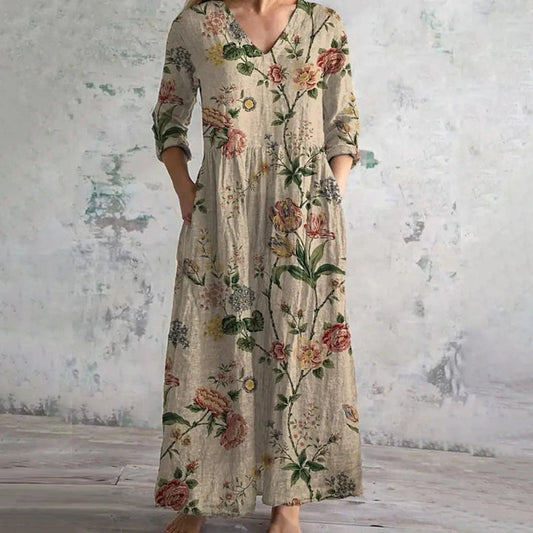 Damen Vintage-Kleid mit Blumendruck und V-Ausschnitt Jully