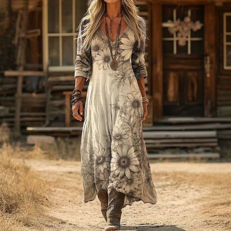 Damen Vintage-Kleid mit Blumendruck und V-Ausschnitt Jully
