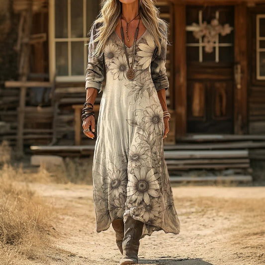 Damen Vintage-Kleid mit Blumendruck und V-Ausschnitt Jully