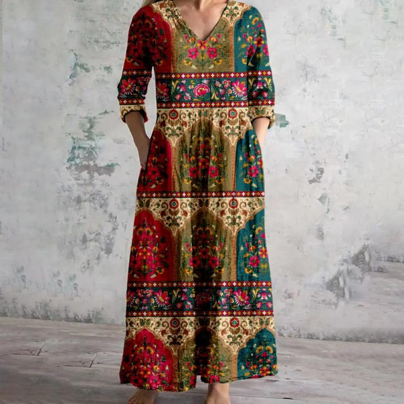 Damen Vintage-Kleid mit Blumendruck und V-Ausschnitt Jully