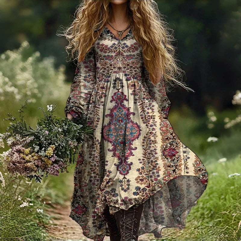 Damen Vintage-Kleid mit Blumendruck und V-Ausschnitt Jully