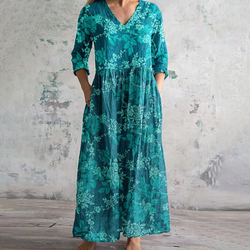 Damen Vintage-Kleid mit Blumendruck und V-Ausschnitt Jully