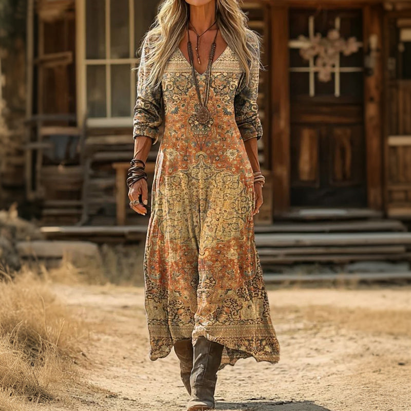 Damen Vintage-Kleid mit Ethnomuster und V-Ausschnitt Jully