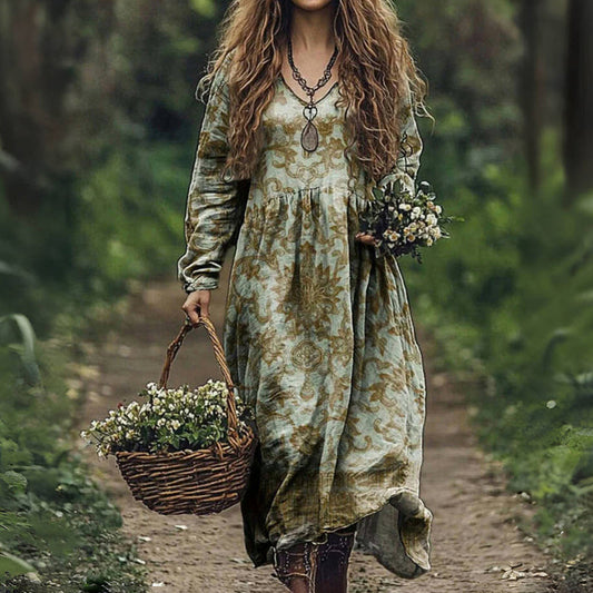 Damen Vintage-Kleid mit Ethnomuster und V-Ausschnitt Jully