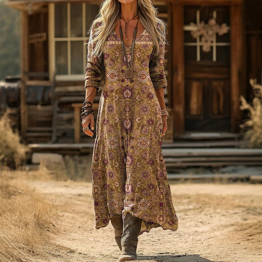 Damen Vintage-Kleid mit V-Ausschnitt und Ethnomuster Jully