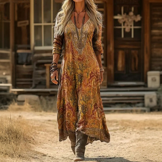 Damen Vintage-Kleid mit V-Ausschnitt und langen Ärmeln Jully