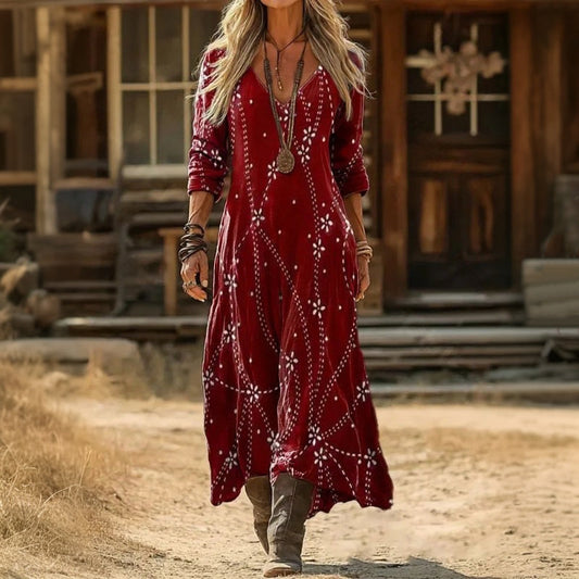 Damen Vintage-Kleid mit V-Ausschnitt und langen Ärmeln Jully