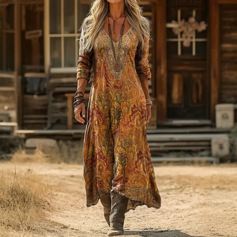 Damen Vintage-Kleid mit V-Ausschnitt und langen Ärmeln Jully